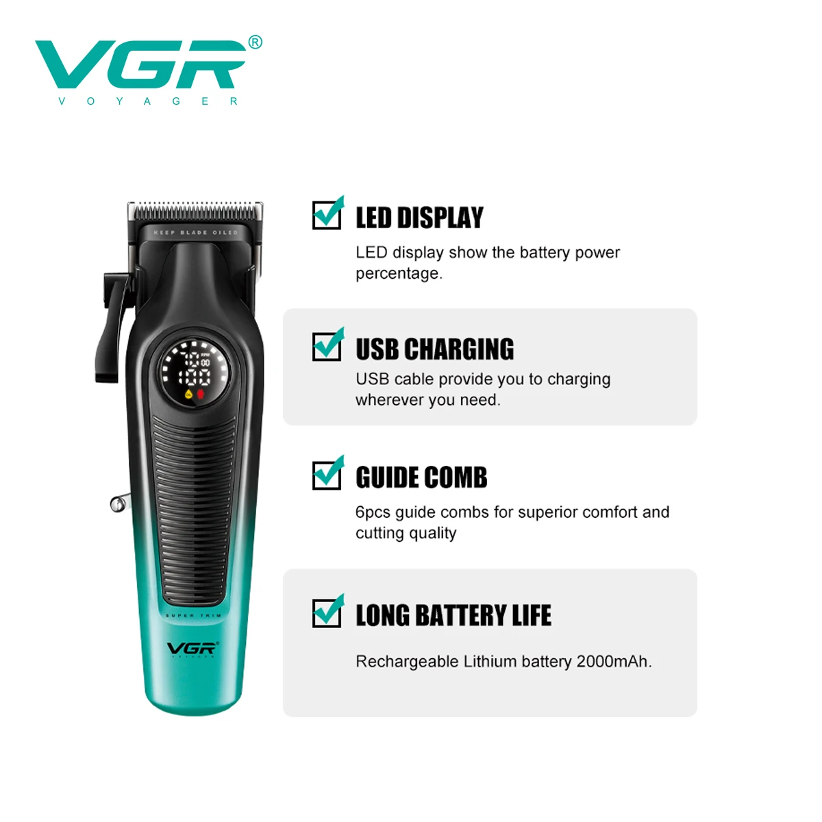VGR 196 Professionelle Haarschneidemaschine, DLC-Klinge, LED-Anzeige, kabellose USB-Keramikklinge, Herren-Haarschneidemaschine, Haarschneidemaschine