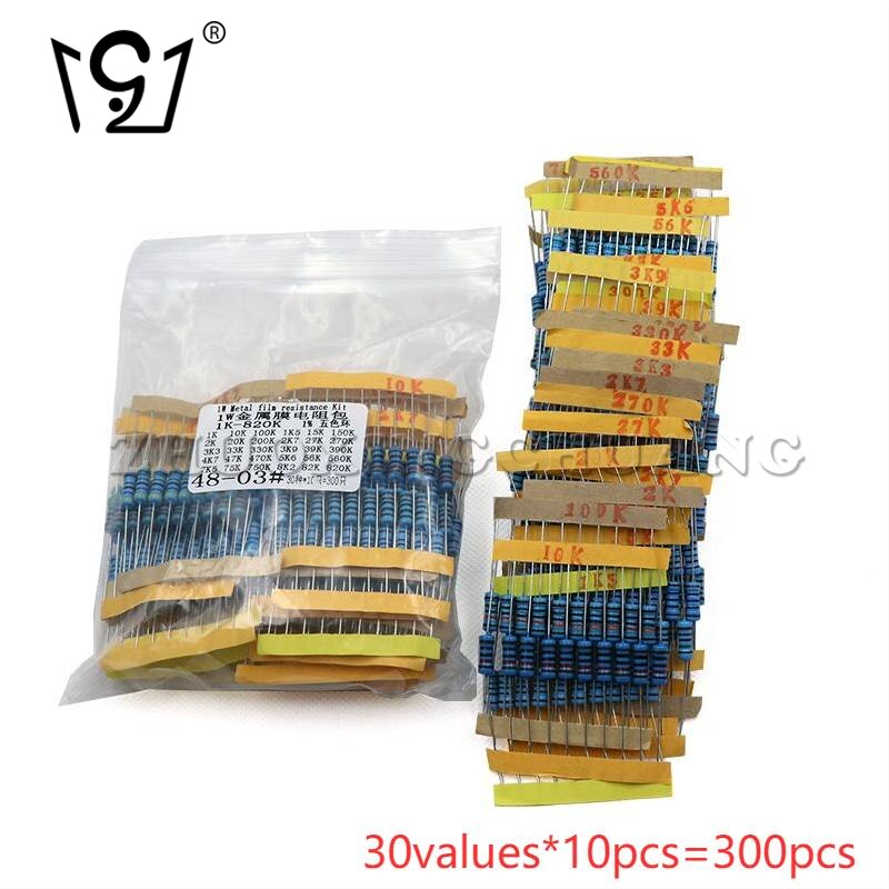 300PCS 1W metal film resistor package sample package 1K to 820K electronic component package sample package 30values*10pcs
