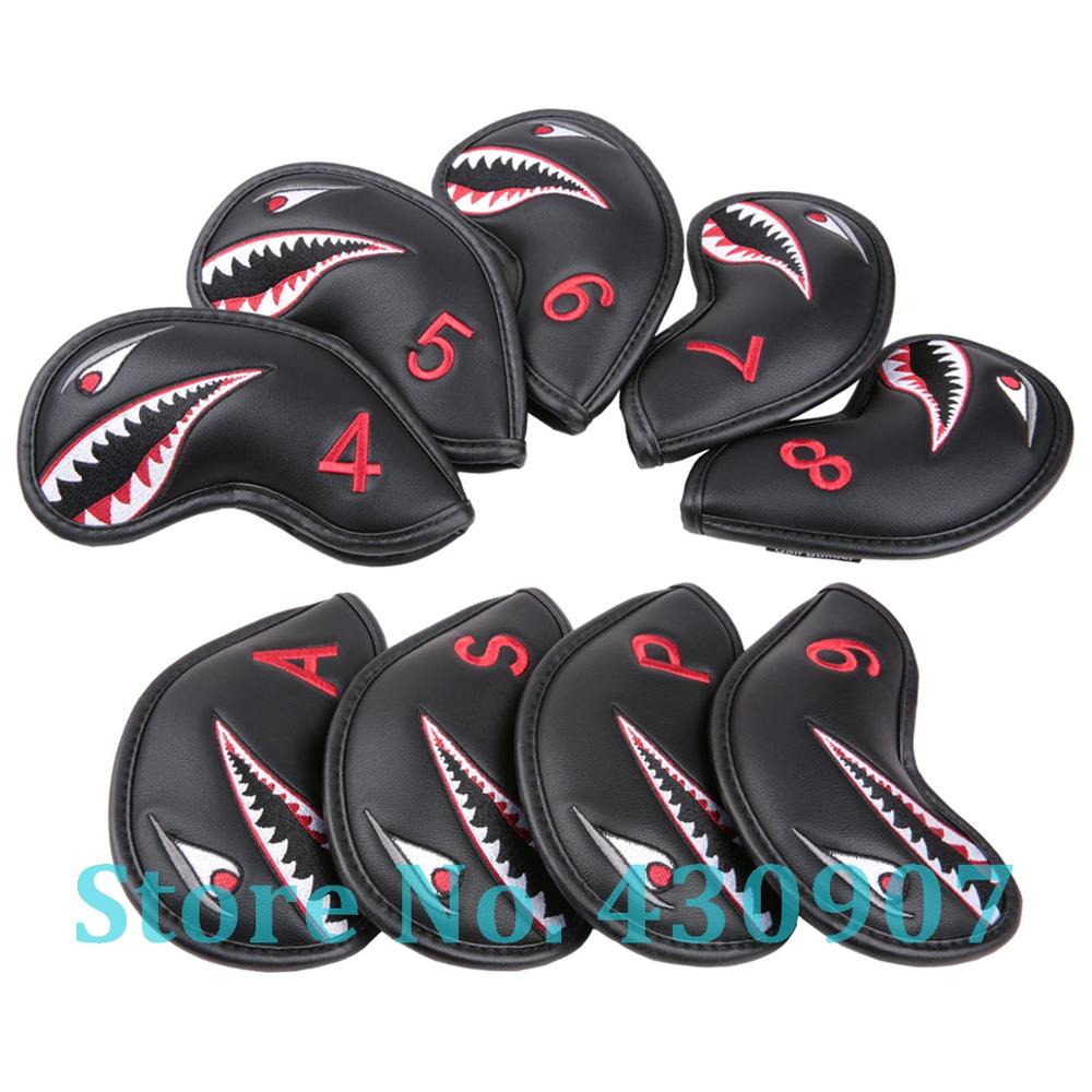 9 stuks/set zwarte pu-lederen golfclubijzerkophoes met haaienborduursel, 4,5,6,7,8,9, stuks