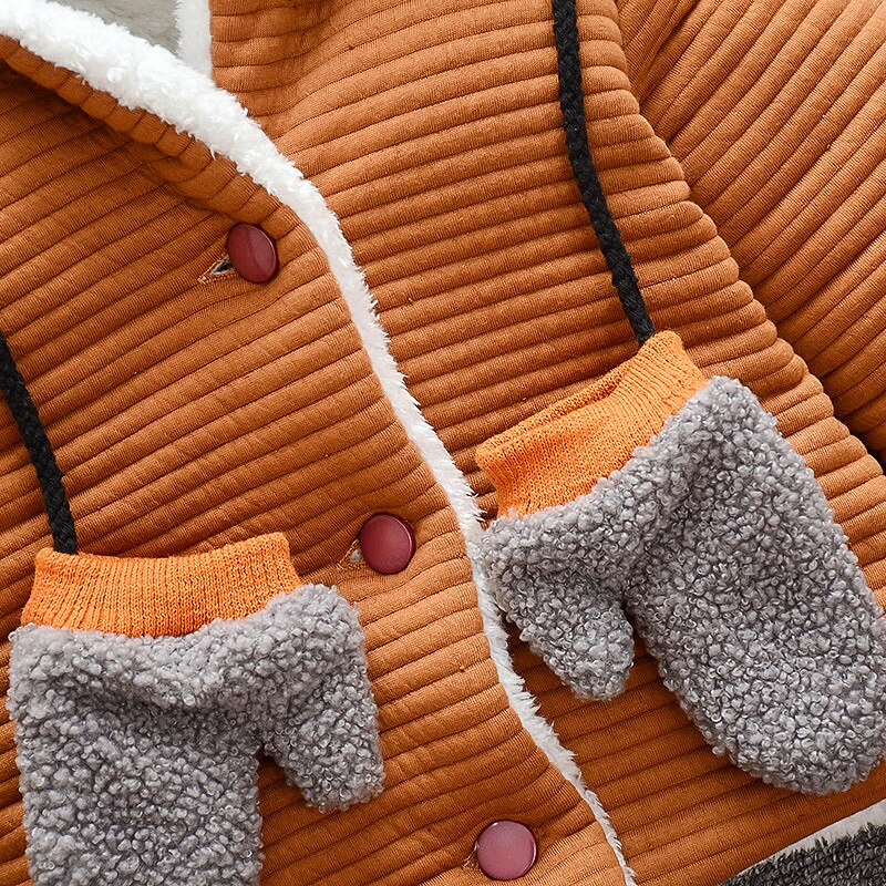 Baby Jongen Jas 0-5Y Herfst En Winter Plus Fluwelen Dikke Warme Jas Baby Meisje Effen Kleur Capuchon Gewatteerde Jas Met handschoenen