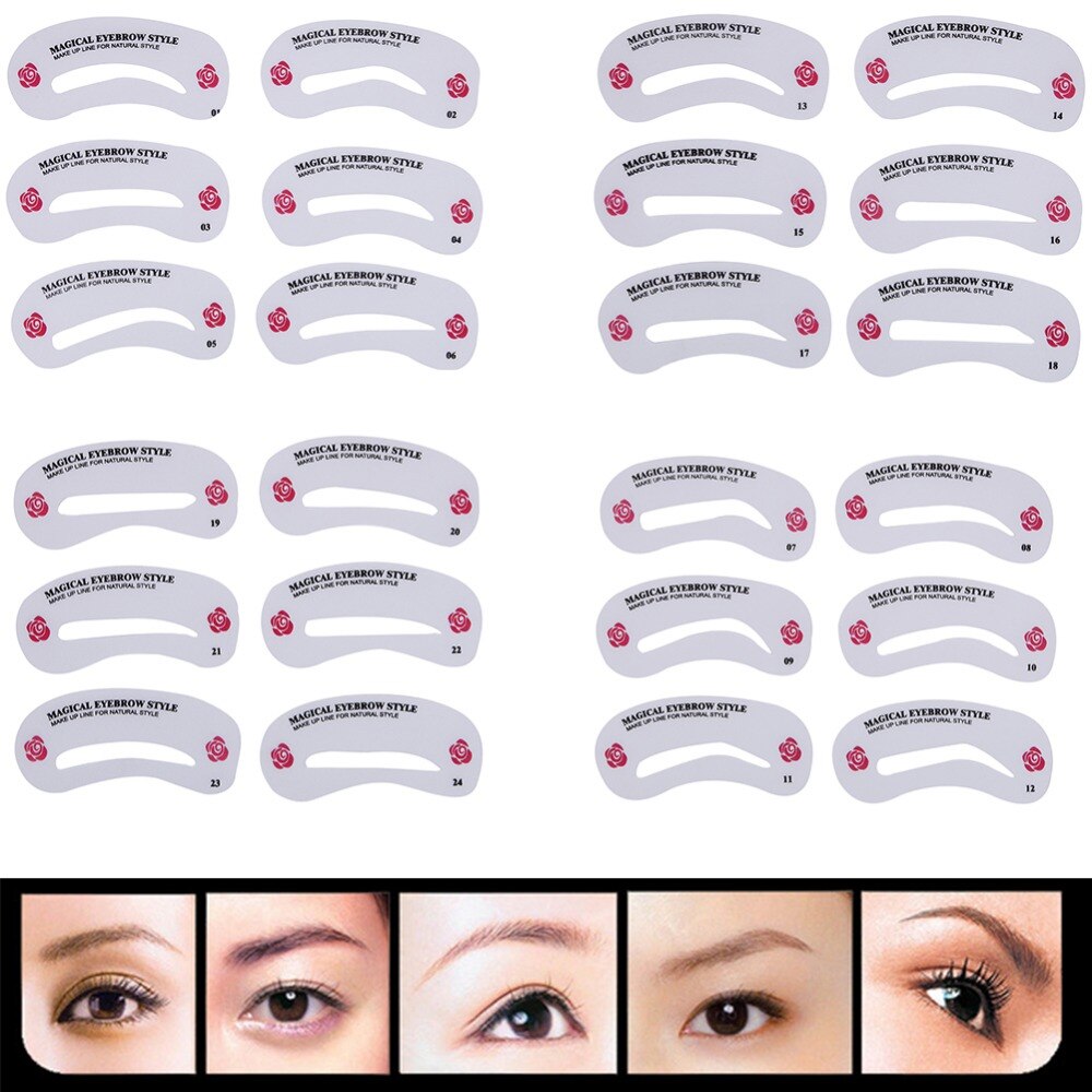 24 pçs/set pro reutilizável sobrancelha estêncil conjunto olho sobrancelha diy guia de desenho estilo modelar grooming modelo cartão kit de maquiagem #246931
