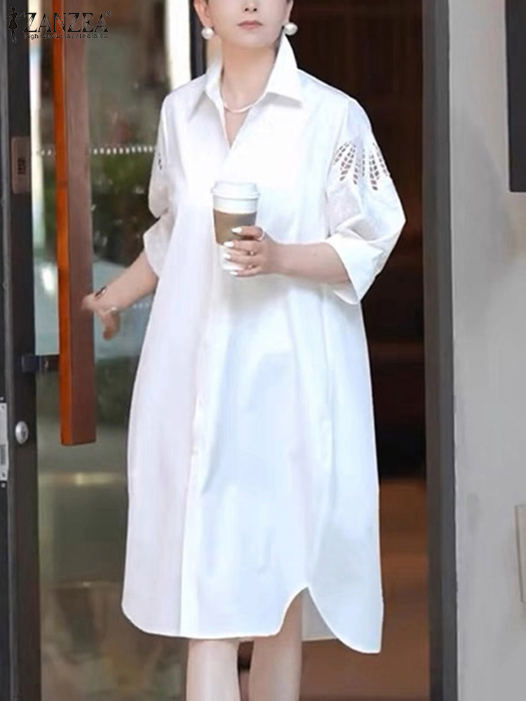 ZANZEA Casual Loose OL Work Shirt Dress Women Summer 3/4 Sleeve Lace Crochet Vestidos Sundress Buttons Down Robe Kaftan