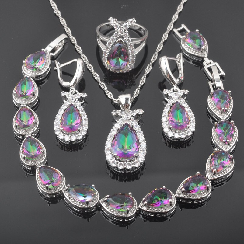 Water Dtrop – ensemble de bijoux pour femmes, couleur argent, zircone arc-en-ciel, Bracelet, pendentif, boucle d'oreille, de mariée, QS0572