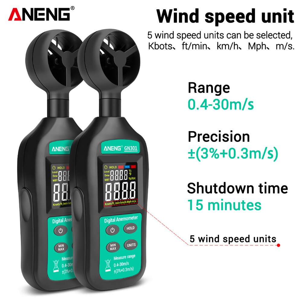 Digitale Anemometer GN301 0-30 M/s Wind Meter -10 ~ 45C Temperatuur Tester Anemometro Met Lcd Backlight display