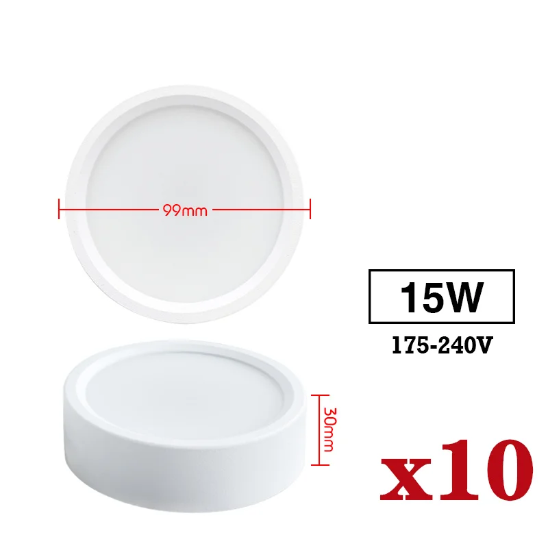 10 unids/lote Led Downlight 220V lámpara de techo 9W 12W 15W 18W Panel montado en superficie iluminación cocina accesorio para habitación decoración del hogar: RGB / Amarillo claro