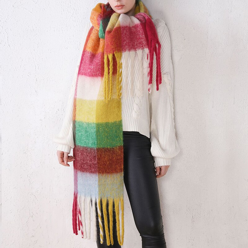 Sciarpa arcobaleno da donna sciarpa scialle scozzese multicolore in cachemire imitazione ispessita in autunno e inverno per fissare al caldo in inverno