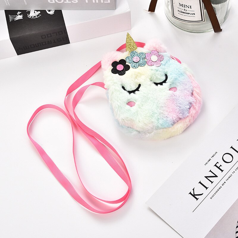 FUDEAM borsa portamonete per bambini unicorno morbido peluche simpatico cartone animato animale borsa a tracolla per bambini borsa da viaggio Mini Messenger femminile: Round Colorful