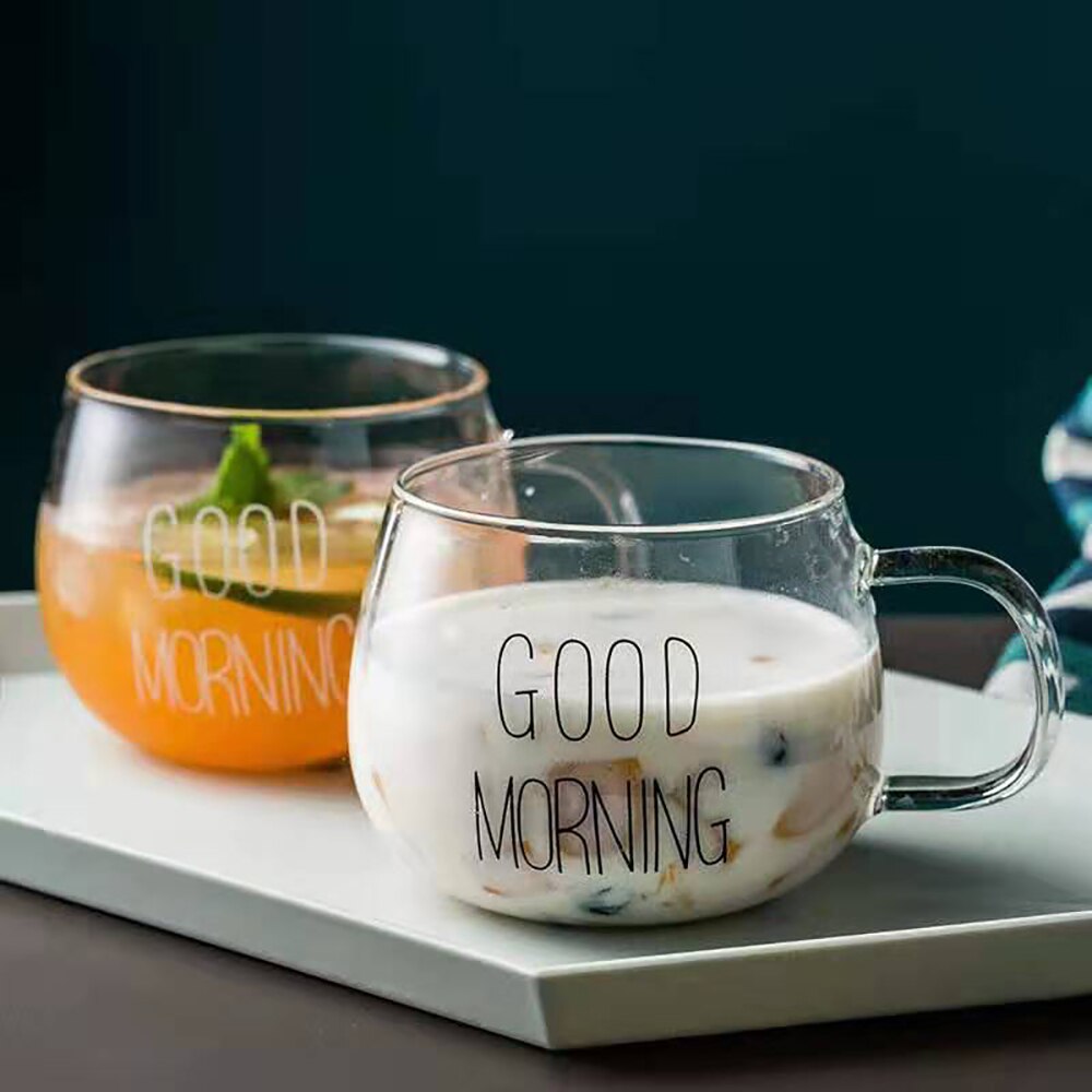 Vidrio vientre tazas Estilo corto transparente desayuno taza de alta temperatura resistencia creativa café té de la leche de yogur de avena tazas