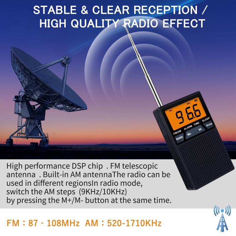 Mini AM/FM Dual Band Radio Portable Stereo Radios Clock Alarm Speaker Radio Lcd Display with Headphones