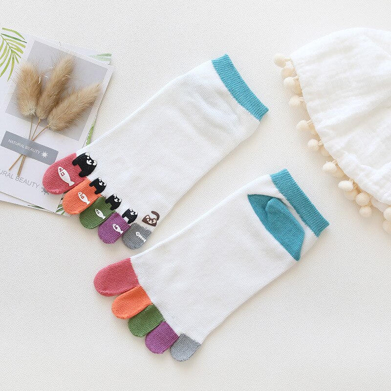 Leuke Enkel Vijf Vinger Sokken Vrouwen Katoen Beer Doseren Wit Harajuku Girl No Show Sokken Met Tenen: blue