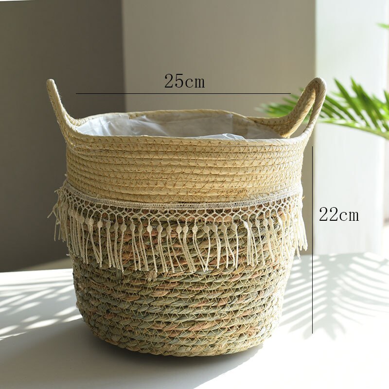 Pot de fleur panier de rangement en paille plantes vertes en Pot panier de fleurs sol tissé à la main intérieur Pot de fleur jardinières Pots jardinières: Beige tassel mouth25
