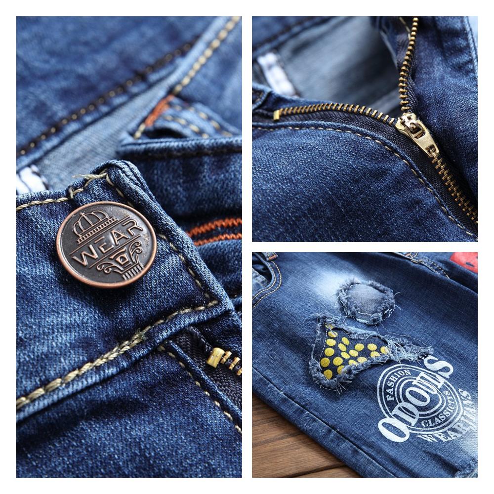 Märkesjeans herr slitna nödställda hål tryckta lapptäcke homme jeansbyxor plus storlek 29-38 blå herrjeans