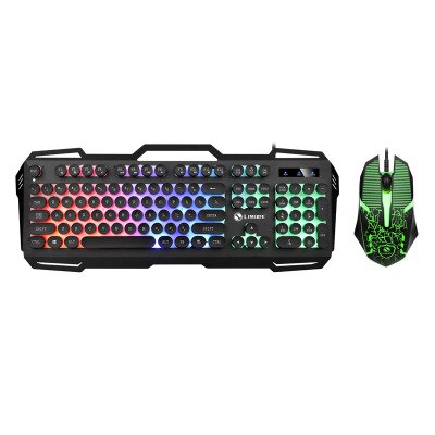 Mechanical Feel Wired Keyboard Mouse Sets Round Key Cap Retro Gaming Key board Multimedia Button PC Metal panel Keyboards LED: Black keyboard mouse