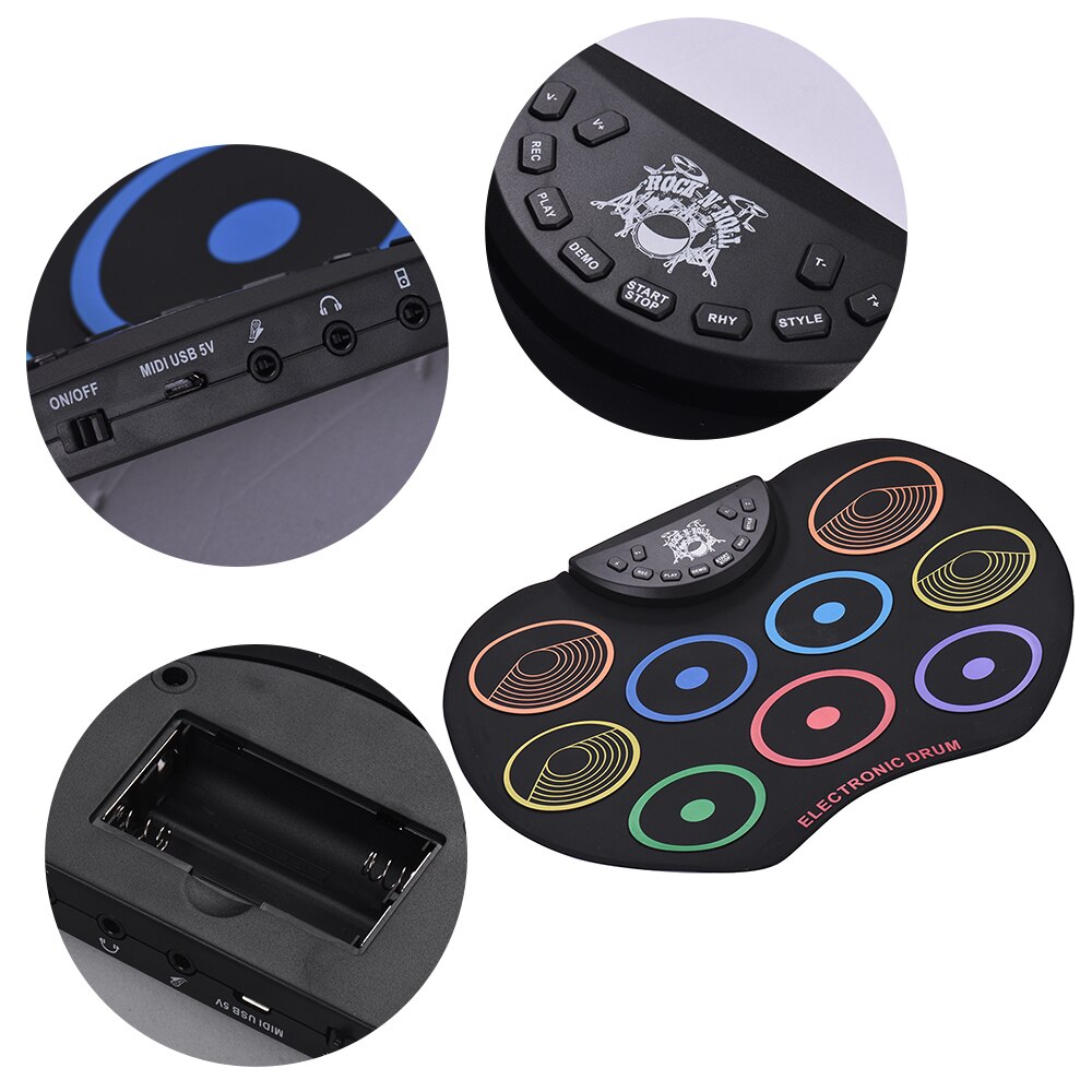 Elektronisch drumstel oprolbaar drumstel 9 siliconen drumpads usb/batterijgevoed met drumstokken voetpedalen voor kinderen