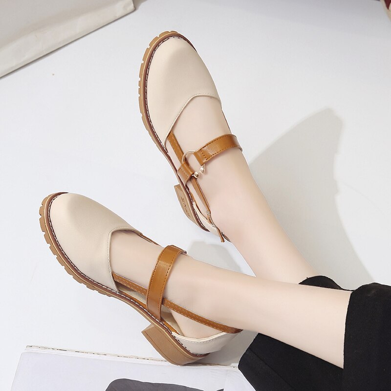 Runda tå sandaler damskor college tjej skor pu läder mary jane lågklackade klackar slingback casual skor: 37