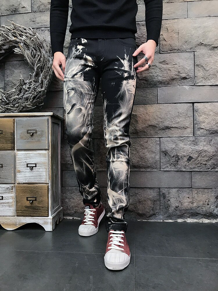 Menn tilfeldig jeans med ulveprint herre 3d mønster farget tegning malebukser slank tøye ut bomull dongeribukser