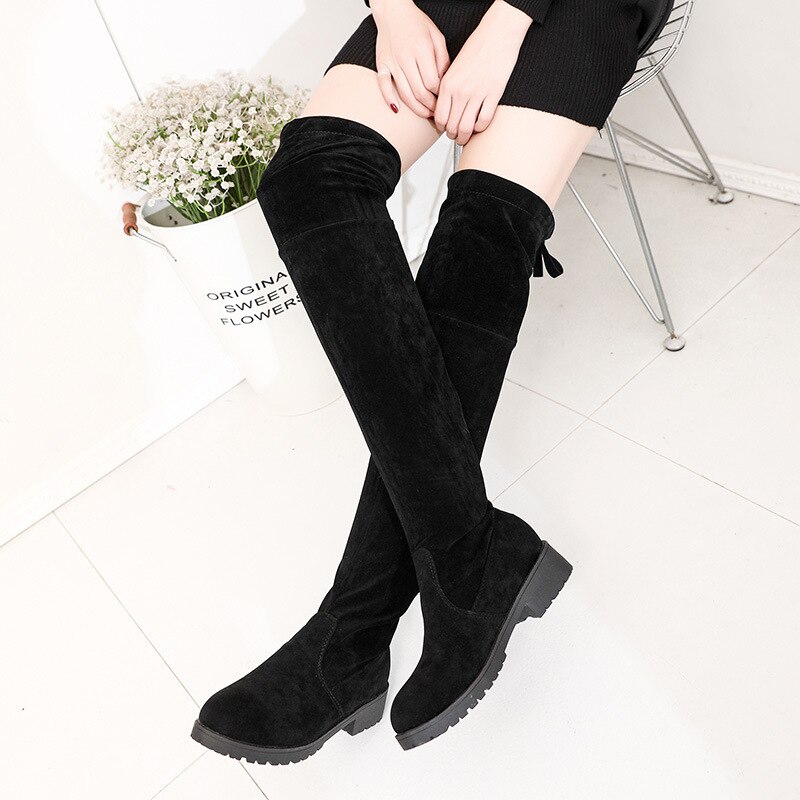 Plus Siz 34-41Fashion Vrouwelijke Winter Dij Hoge Laarzen Faux Suède Solid Hoge Hakken Vrouwen Over De Knie Schoenen