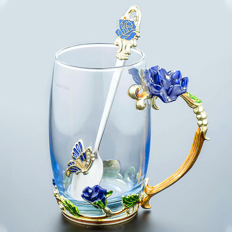 Enamel Water Cup Glass Cup Household Set Flower Tea Crystal Coffee Mug Beer Mug with Handle Wedding Tableware: G