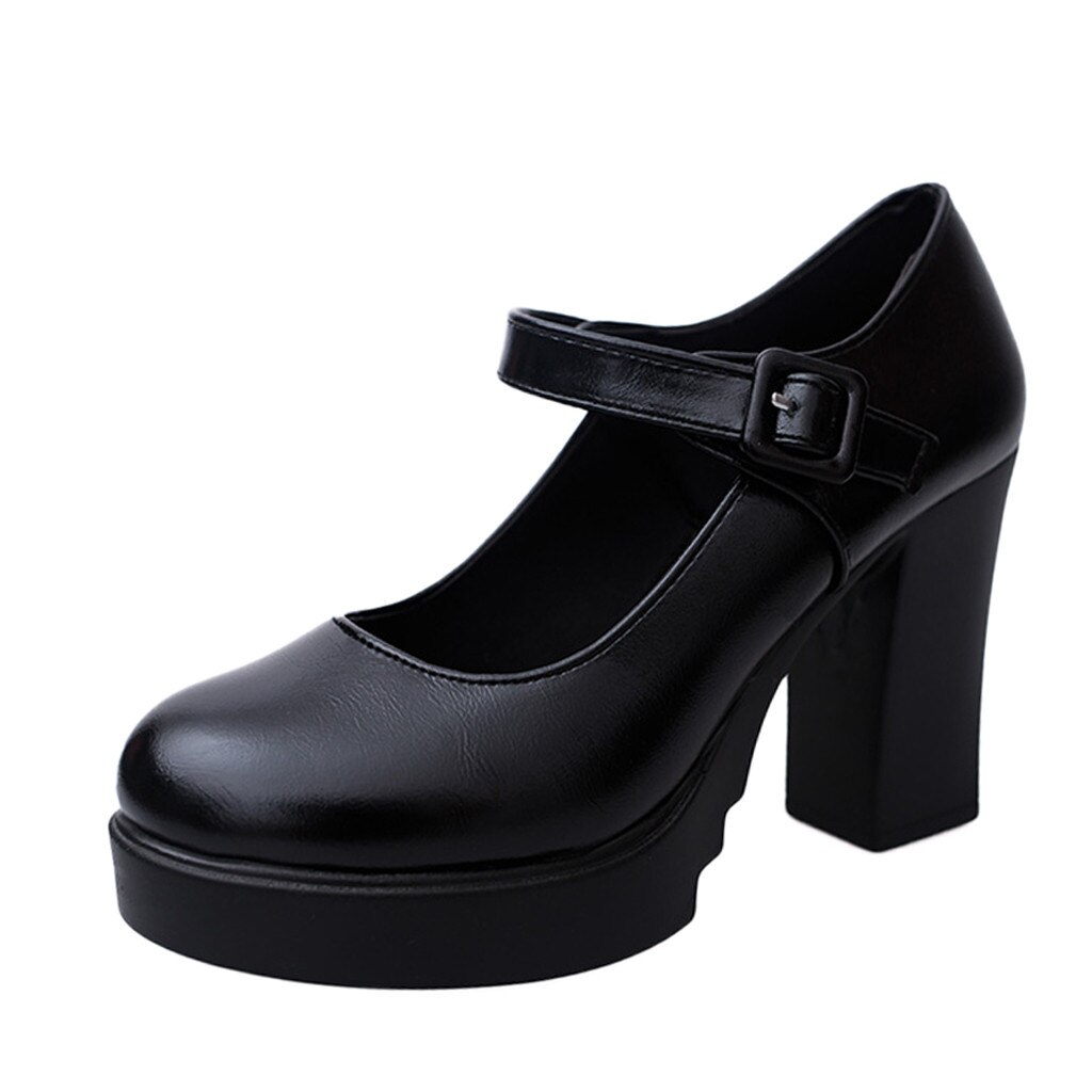 Vrouwen Klassieke Pumps Schoenen Lente Zomer Zwart Lederen Hak Pompen Schoenen Dikke Hakken Platform Pompen Enkel Werk Gesp Schoenen: Black / 36