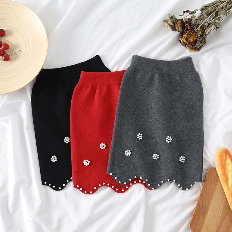 Preppy Spring Autumn Student Girls Knit Skirts Bead Princess Pencil Skirt 5 6 7 8 9 10 11 12 13 14 Year Korean Kids Baby Clothes