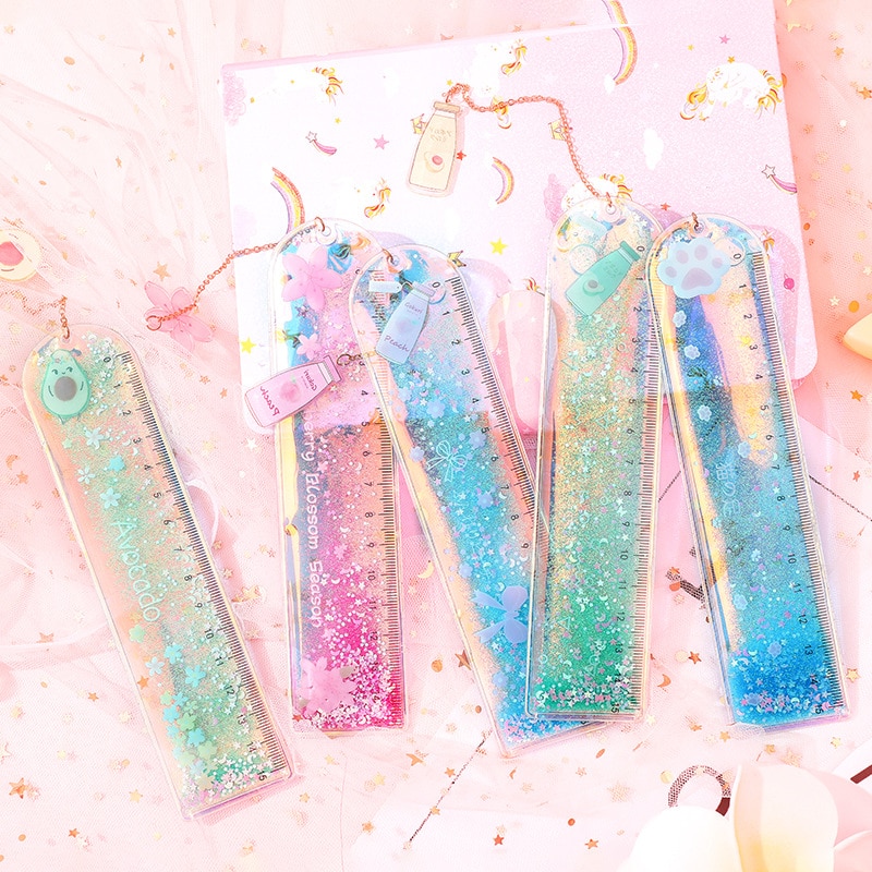 Kawaii ruchome piaski cekiny brokat linijka śliczne awokado linijka prosta z zawieszką zakładka dla dzieci szkoła pomiarowa papiernicze