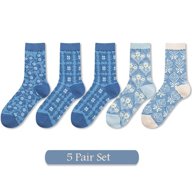 5 Pairs Vrouwen Sokken Set Herfst Winter Bloemen Printing Katoen Harajuku Blauwe Accessoires Geometrie Hartvormige Femme Sokken Kawai: F