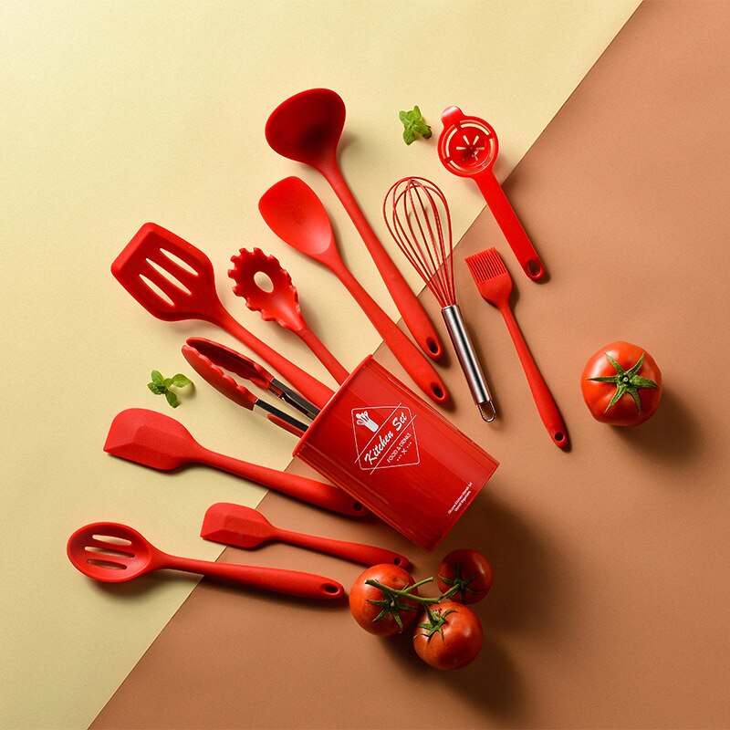 Silicone Kitchen Utensils Set Non-Stick Silicone Spatula Kitchen Tools Kitchen Gadget Sets Cooking Items With Storage Box: Red