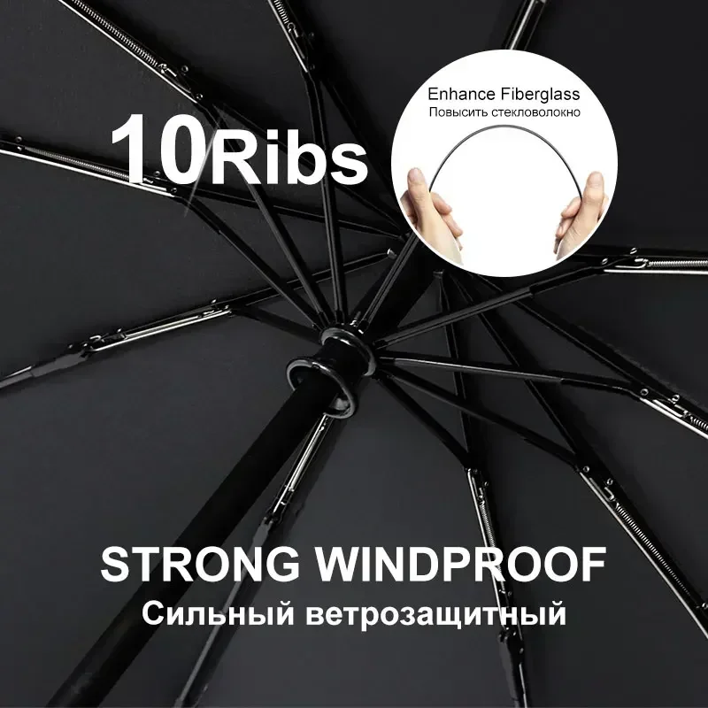 British Leather Handle Umbrella Men Automatic Business 10Ribs Strong Windproof 3 Folding Big Umbrella Rain Woman Parasol