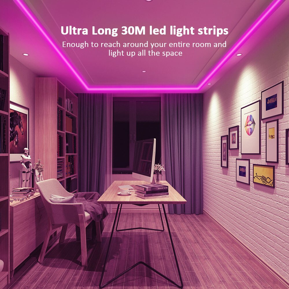 Led strip lys ,30m(100ft), smd 5050 bluetooth, musik sync ,16 millioner farver, dæmpbare, gør det selv, smarte led strip lys til hjemmet