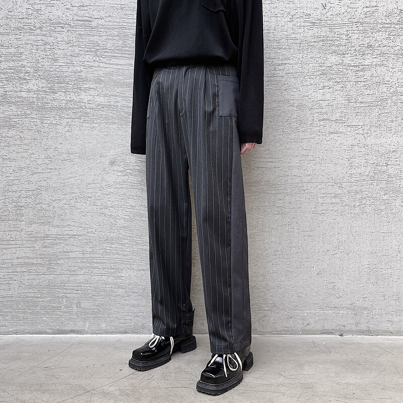 Mannen Gestreepte Splice Multi-Pocket Casual Straight Pak Broek Mannelijke Streetwear Mode Vintage Pak Broek Man