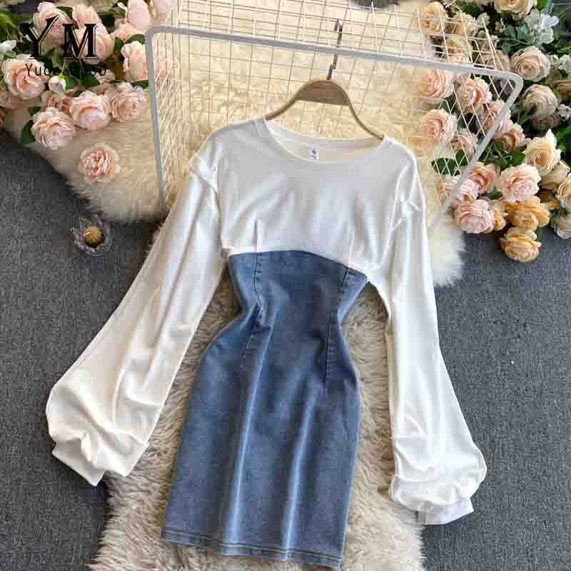 Denim Dress Sleeve Korean.YuooMuoo Women Hoodies Denim Dress Korean Long Puf... - Grandado