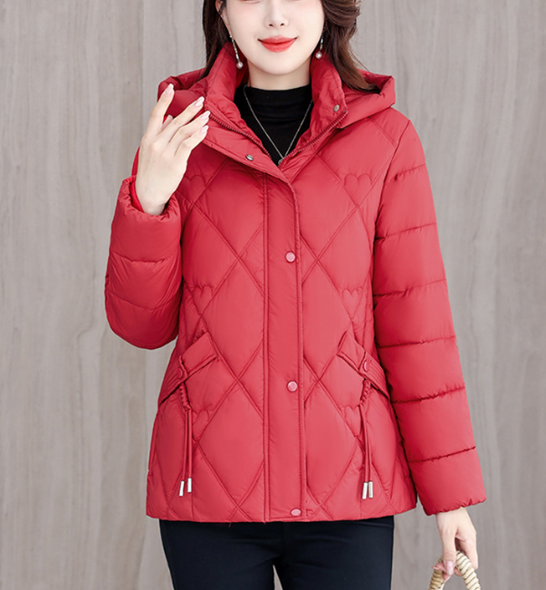 Bomullspolstret kort kåpe damejakke parka høst vinter dame yttertøy varme tykkere jakker dusklomme hettejakker: Xl / Rød
