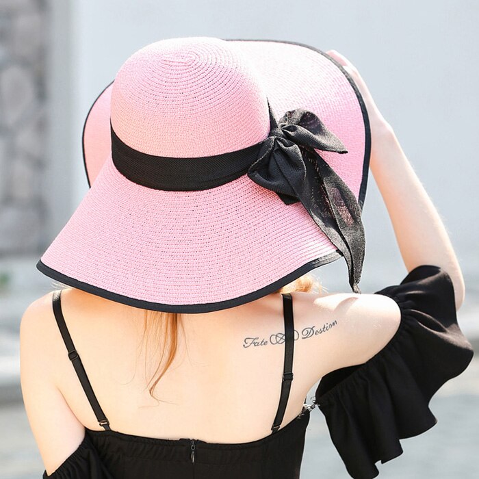 Sommer stor randen stråhat floppy bred randen solhue bue knude strand foldbare hatte hatte til kvinder: Lyserød