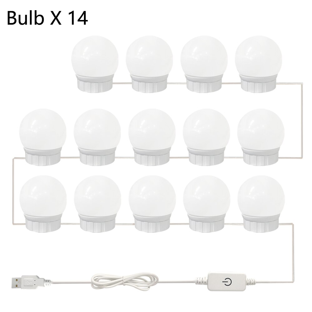 Kit d'éclairage pour coiffeuse avec 5v ampoules led pour miroir de maquillage hollywood, lampe murale à intensité variable en continu 10 6 14: 14 ampoules