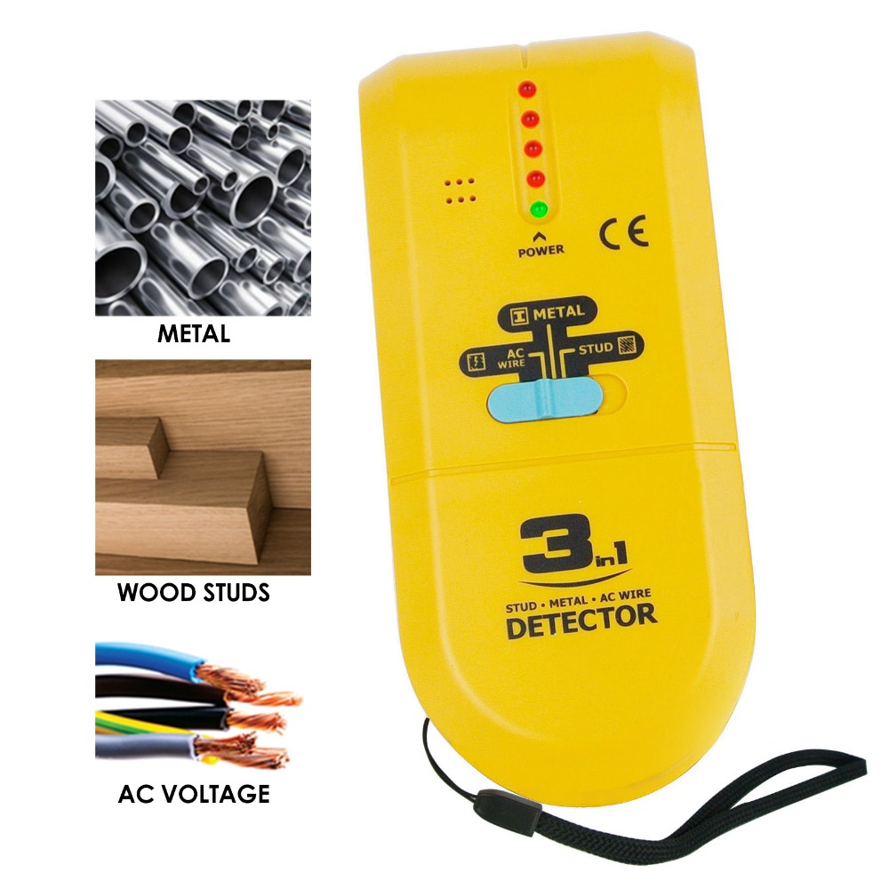 3 in 1 dubb / metall / växelström tråddetektor, handhållen vägg trä metallrör spänning levande scanner hitta tracker med spotlight
