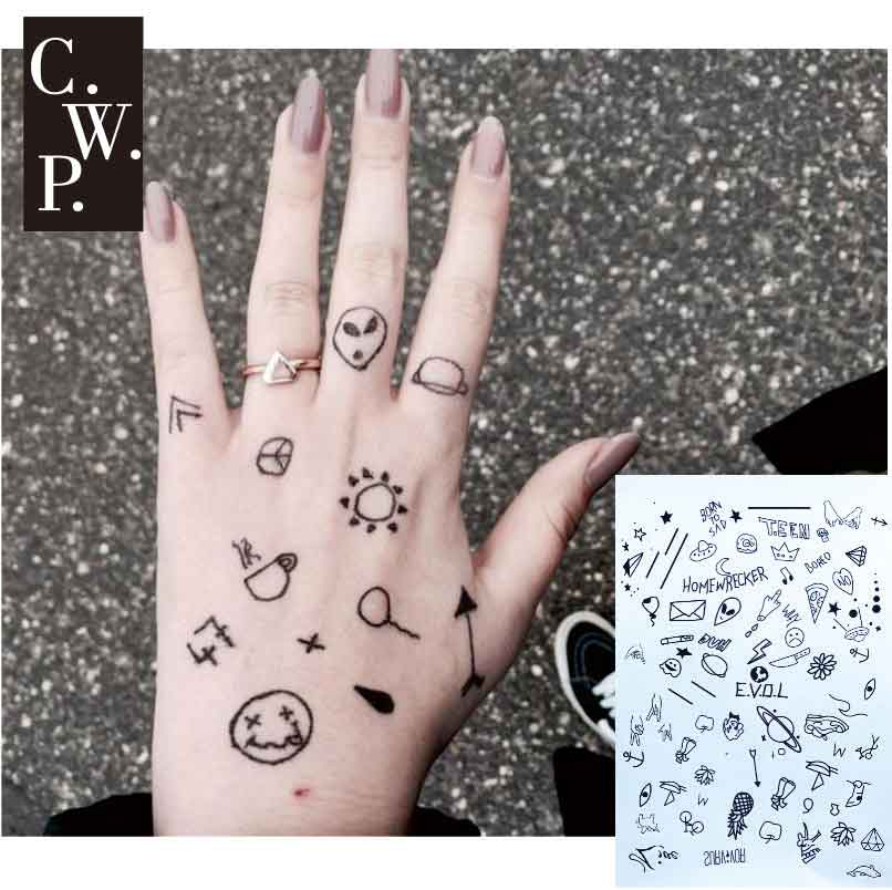 #BH1703 1 piece Stick N Poke Black Henna Tattoo with Semicolon ,ET, daily pattern Temporary Tattoo for Hands Stickers