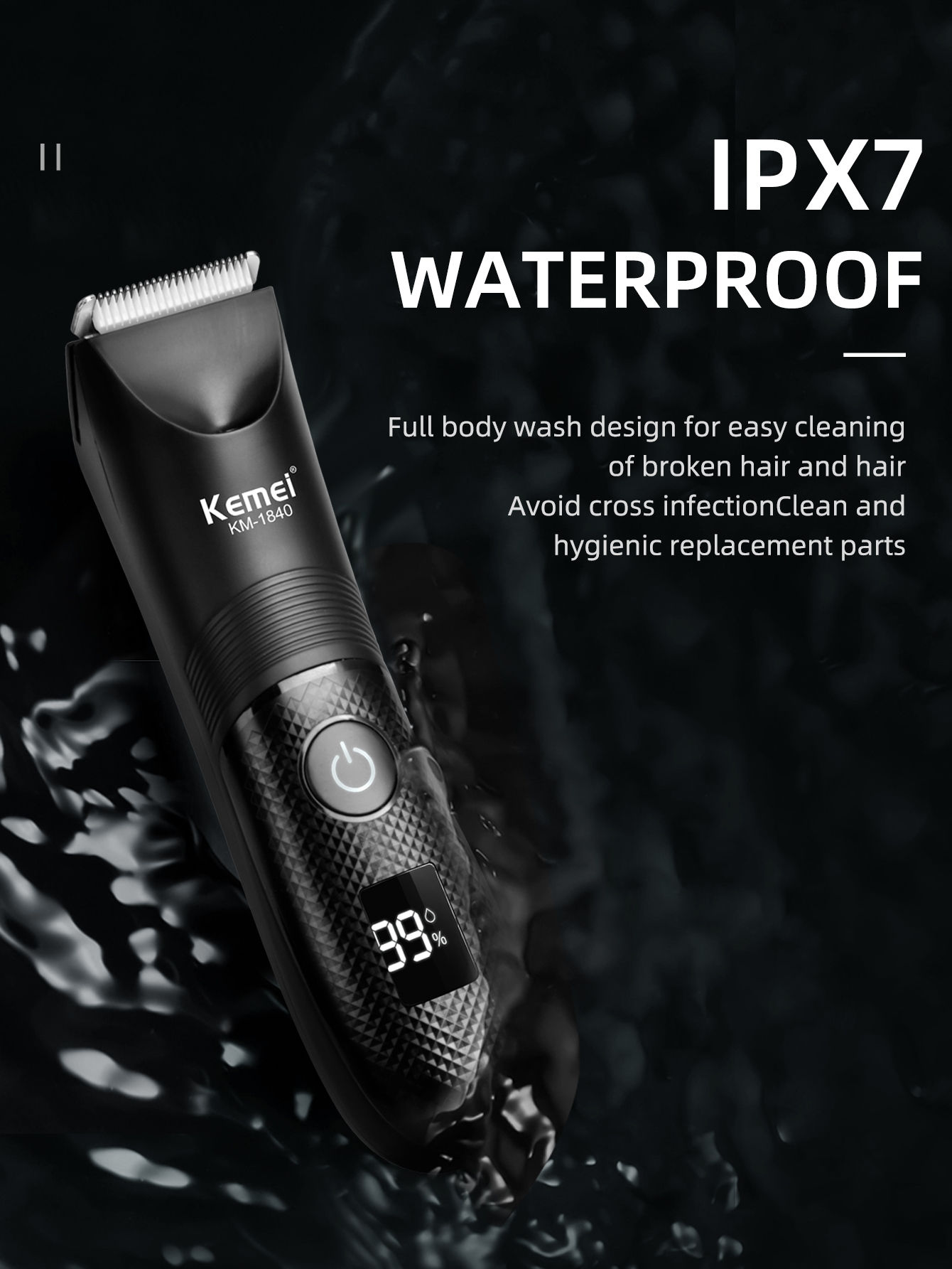 KEMEI Professionele tondeuse voor mannen Waterdichte elektrische tondeuseset Oplaadbare kapperstondeuse met LCD-scherm