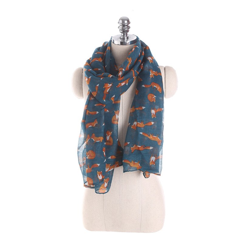 YGYEEG Women Fox Scarf Voile Girl Long Cute Fox Print Scarf Wraps Shawl Soft Scarves Female Cute Tippet Foulard Cachecol Shawl: Hole blue