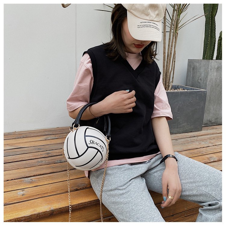Pu leren volleybalvormige handtassen en portemonnees voor vrouwen, schoudertas met ketting en crossbody, handtassen voor meisjes en dames: Wit