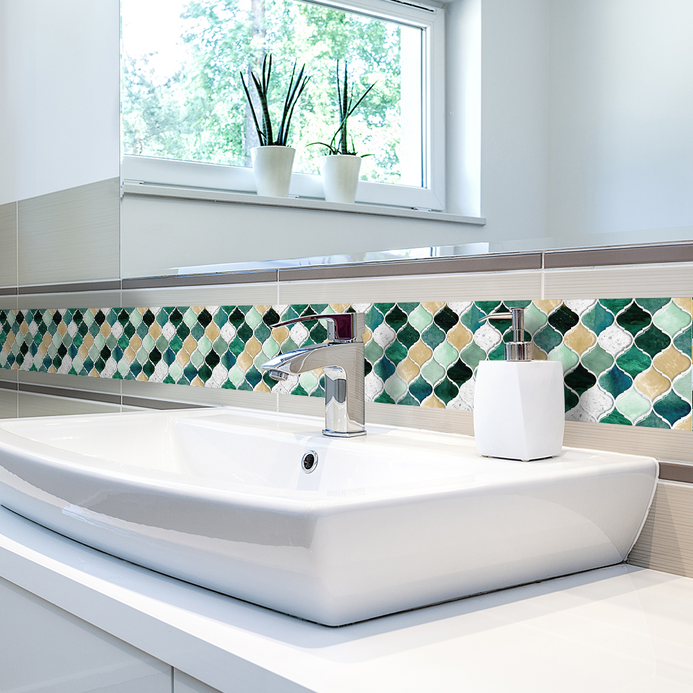 Funlife® Green Yellow Mosaic Wall Stickers Vinyl Wall Border Eco-Friendly PVC Self-Adhesive Oil-Proof Tile Stickers for Bathroom