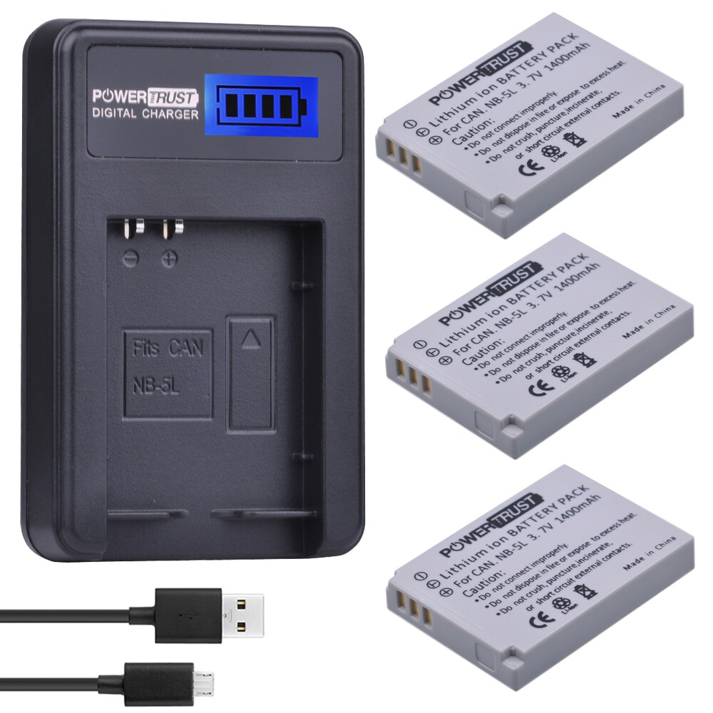 1Pcs NB-5L NB 5L NB5L Camera Battery + LCD USB Charger For Canon S110 SX200 SX210 SX220 SX230 IS HS IXUS 850 870 800 860 990: 3Battery and Charger