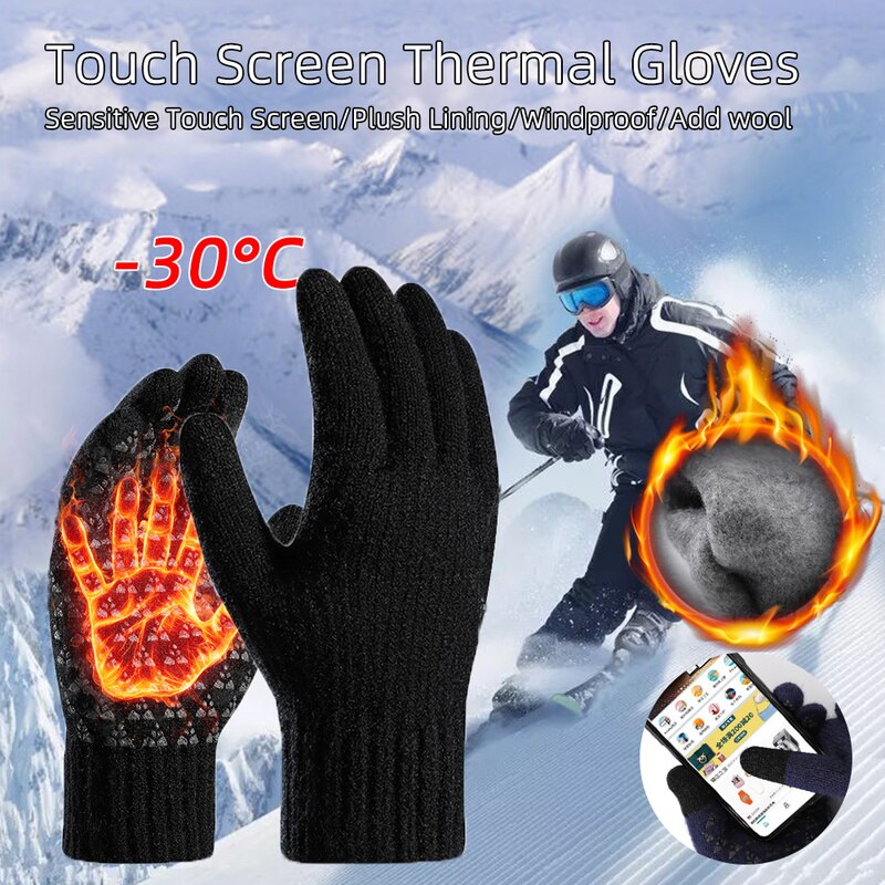 Guantes de punto para hombre, manoplas masculinas gruesas de lana, cálidas y sólidas, con pantalla táctil y dedos divididos, para deportes al aire libre, Otoño e Invierno