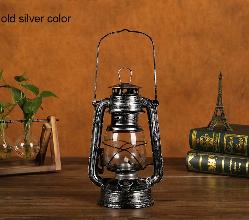 25cm rétro classique kérosène lampe Camping lumière Portable Bronze couleur huile lampe Vintage Photo accessoires en plein air Camping lumières: old silver color