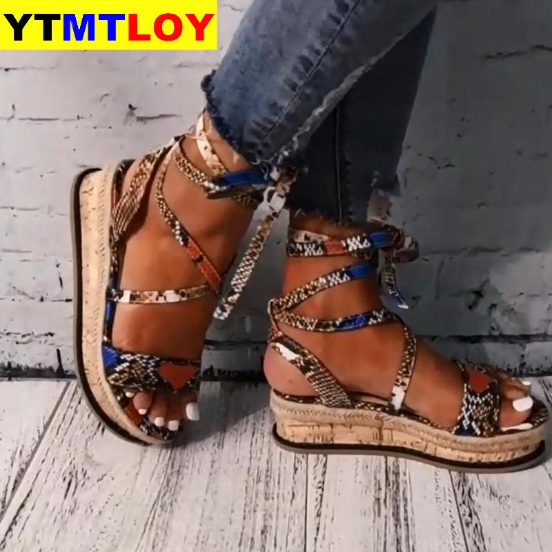 Kilehæle stor størrelse 43 snørebånd slangetrykt sommer ins sko kvinder sandaler gladiator platform