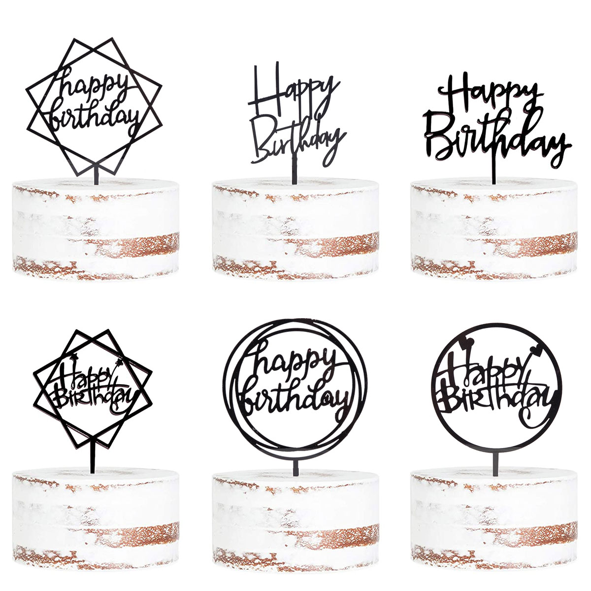 taart topper, prinsessen verjaardag, versiering verjaardag meisje, Verjaardag Cake Topper Set Dubbelzijdige Shiny Acryl Gelukkige Verjaardag Teken Cupcake Toppers Birthday Party Decoraties Levert: 6pcs black