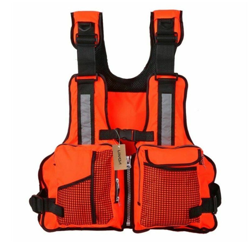 Adulte gilet de sauvetage solide réglable étanche aide à la flottabilité Nylon gilets de pêche voile pêche Kayak gilet de sauvetage unisexe X167G: grid  orange