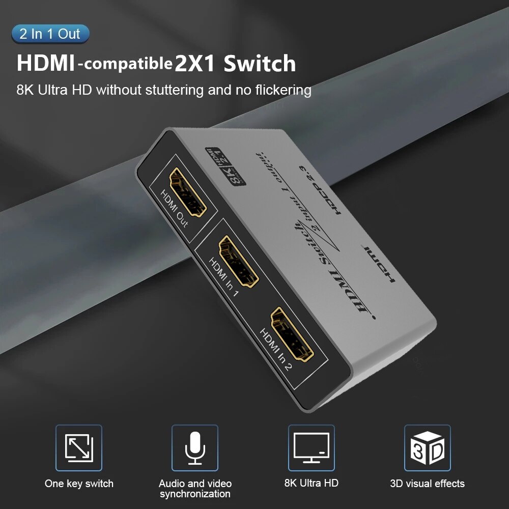 Switcher HDMI 2.1-compatible 2 in 1 out Ultra speed 8k@60Hz and downward Switch adapter With switch button For HDTV Projector