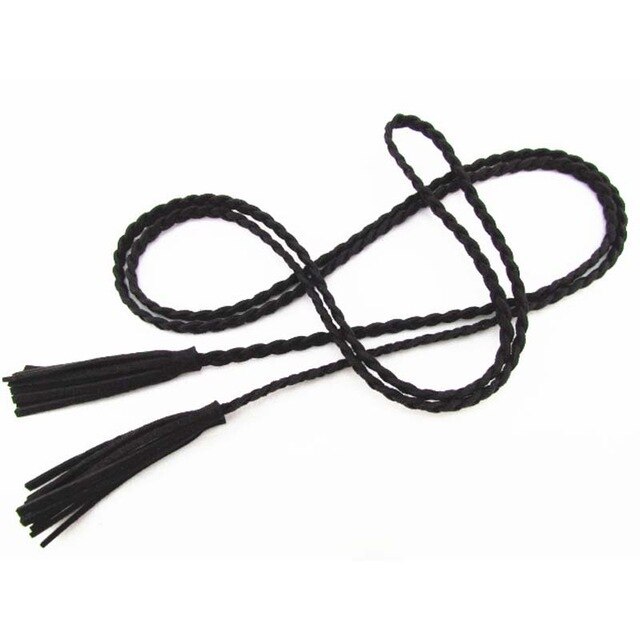 Hand-knit Long Pu Leather Braid Belt String Band with Tassel Casual Partty Dress Belts for Women Girl: black