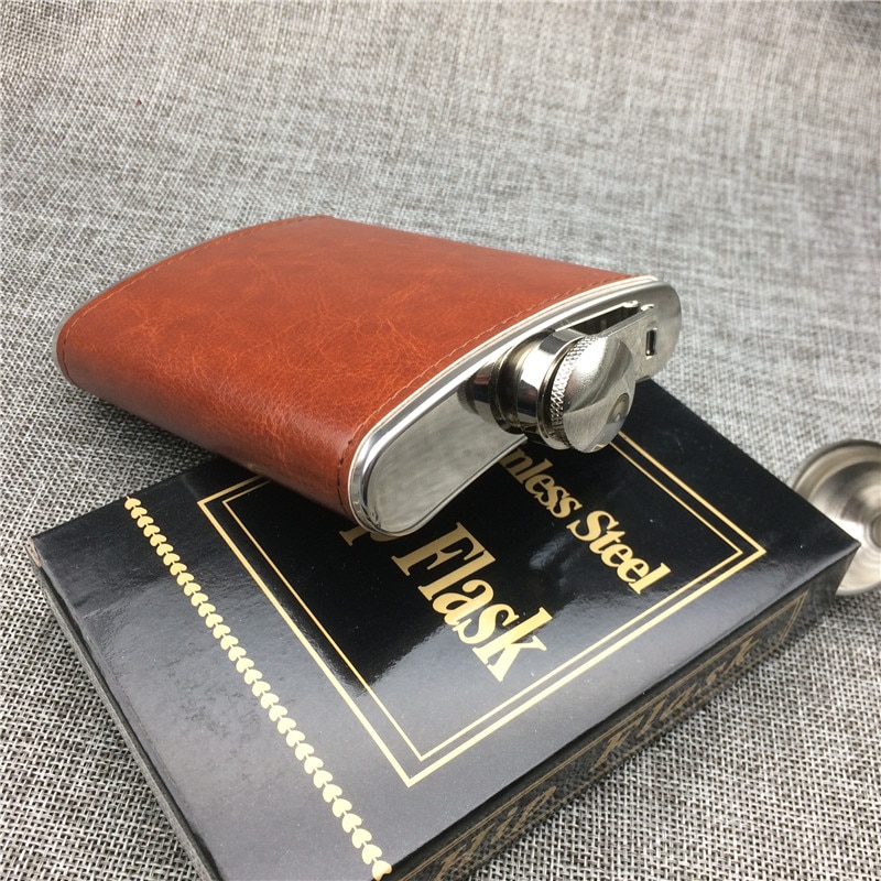 Brown Leather 8oz Hip Flask Portable Pocket Flask Drinking Stainless steel for Storing Vodka Whiskey Alcohol Liquor Men's