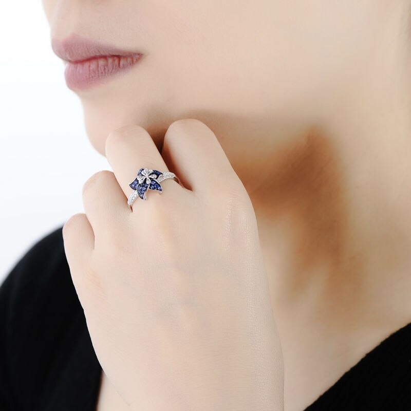 SANTUZZA Silver Ring For Women 925 Sterling Silver Blooming Flower Blue Pink White Cubic Zirconia anillos Party Fine Jewelry